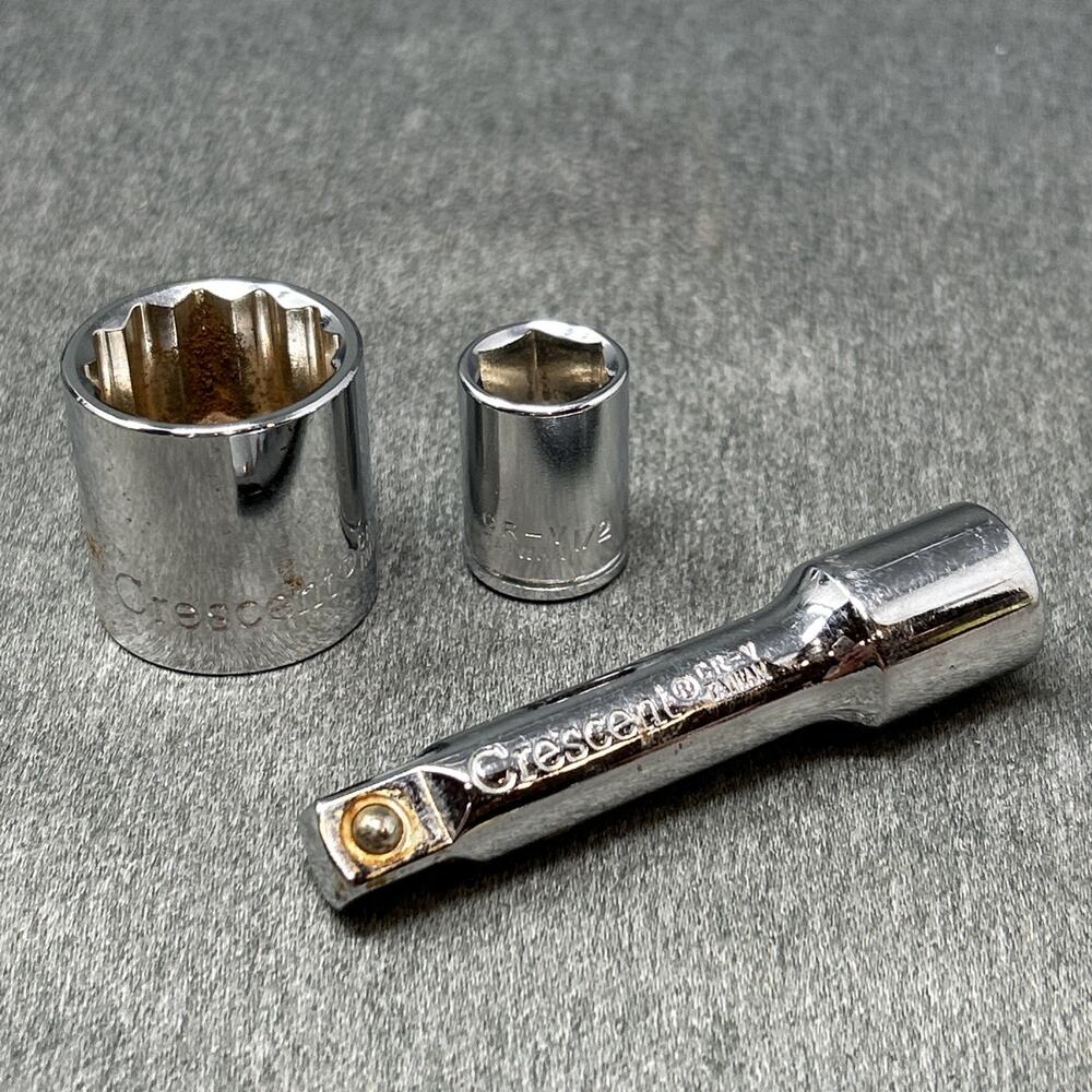 Vintage Taiwan Made 3pc Socket Set 7/8 1/2 CR-V Crescent Mechanics READ